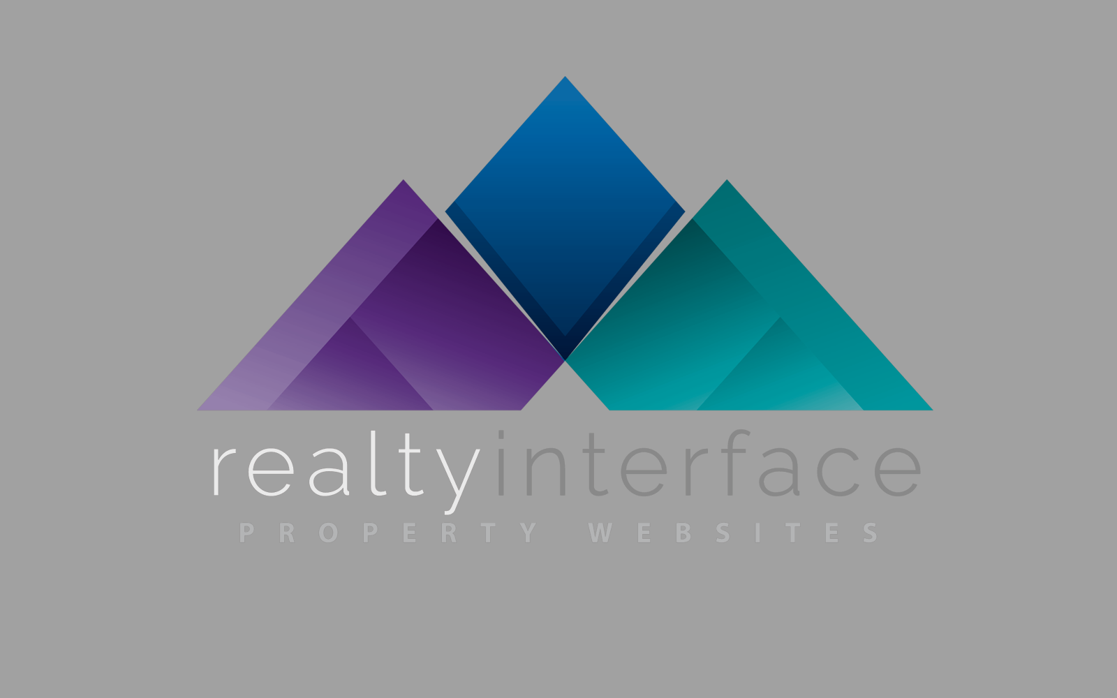 Realty Interface logo with abstract mountain shapes and modern branding, representing luxury property websites and story-driven photo galleries.