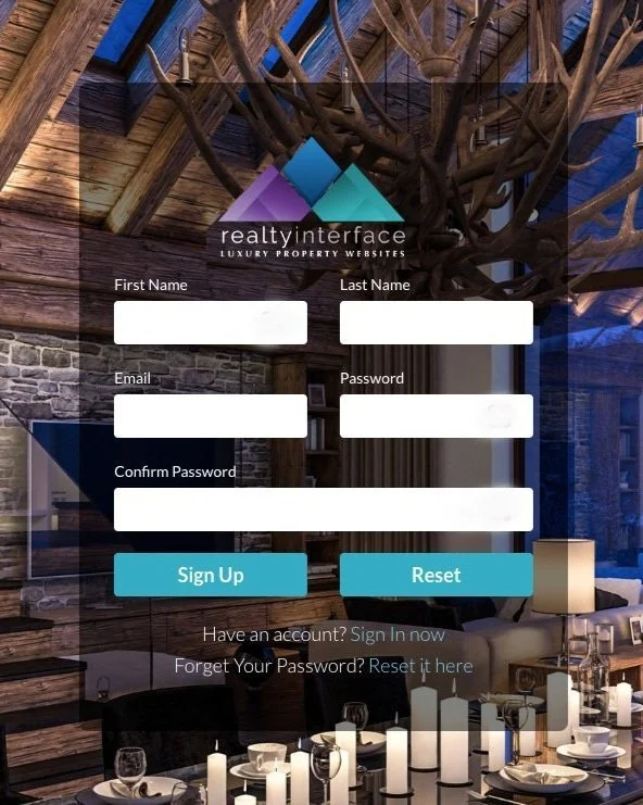 Sign-up form overlay on an interior of a rustic, wood-beam ceiling room with candles and table settings, for realtvyinterface luxury property websites.