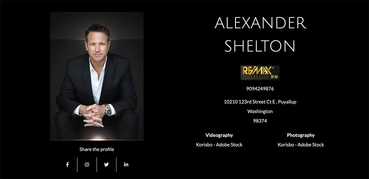 Business card for Alexander Shelton featuring a portrait and contact details, with social media icons for sharing.