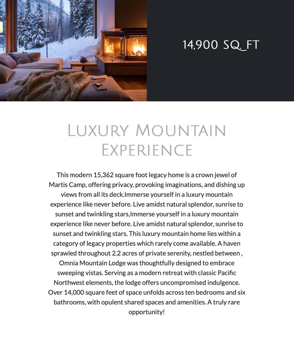Luxury mountain home interior with a cozy fireplace, comfortable seating, and snowy forest view; text describing a 14,900 square foot cabin in Martis Camp, emphasizing privacy, stunning views, and opulent amenities.