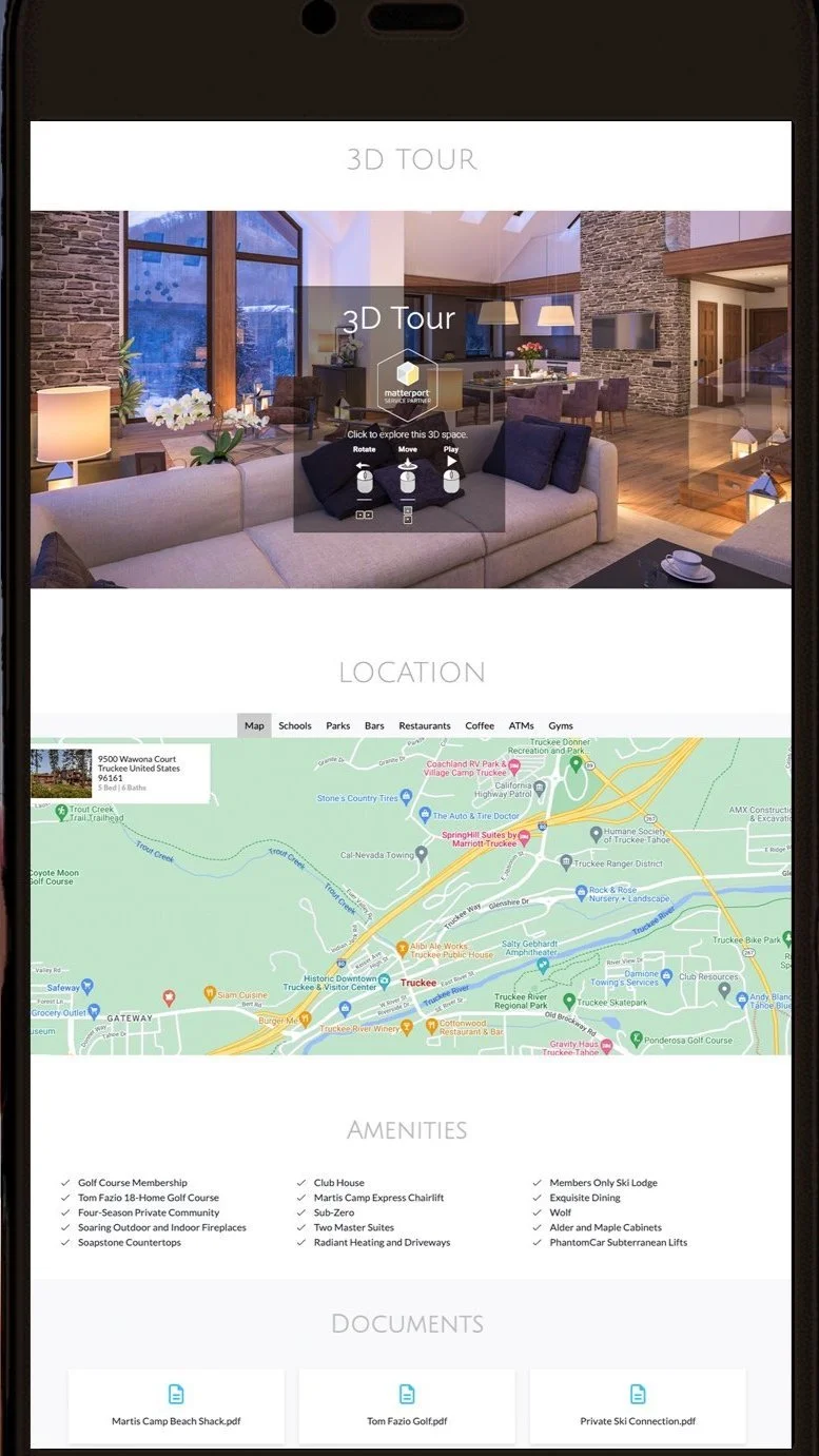 Mobile device screen showing a real estate webpage with a 3D tour interface, a map highlighting location, listed amenities, and downloadable documents. The interior features a modern living room with large windows, a stone fireplace, and comfortable seating. Location is indicated near Truckee, United States.