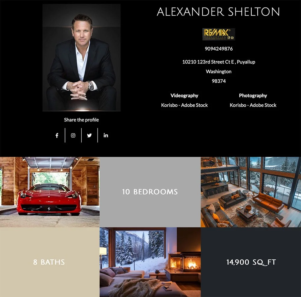 Real estate advertisement showing a man in a suit with contact details, property features including 10 bedrooms, 8 bathrooms, a red sports car, modern interiors, and a snowy landscape with fireplace, promoting a 14,900 sq ft house in Puyallup, Washington.