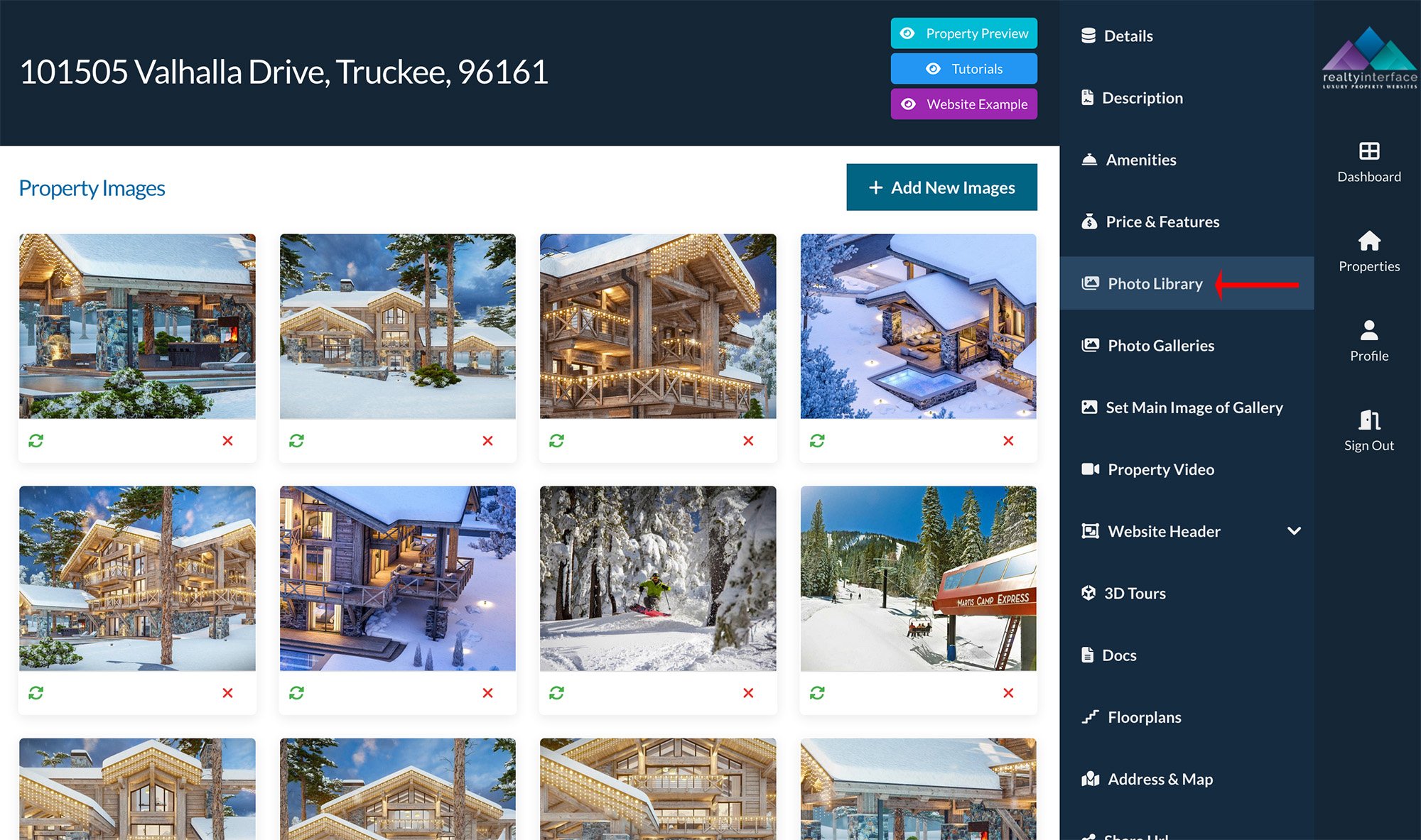 Screenshot of a property management dashboard for 101505 Valhalla Drive, Truckee, 96161, showing a photo library with images of snow-covered houses and outdoor scenes. The sidebar menu includes options like Details, Description, Amenities, and Photo Library.