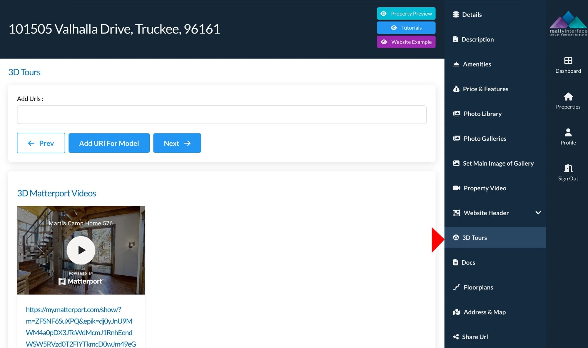 Screenshot of a real estate website page showing property at 101505 Valhalla Drive, Truckee, with options for 3D tours, videos, and property details. The sidebar menu includes options like Dashboard, Properties, Profile, Sign Out, and more.