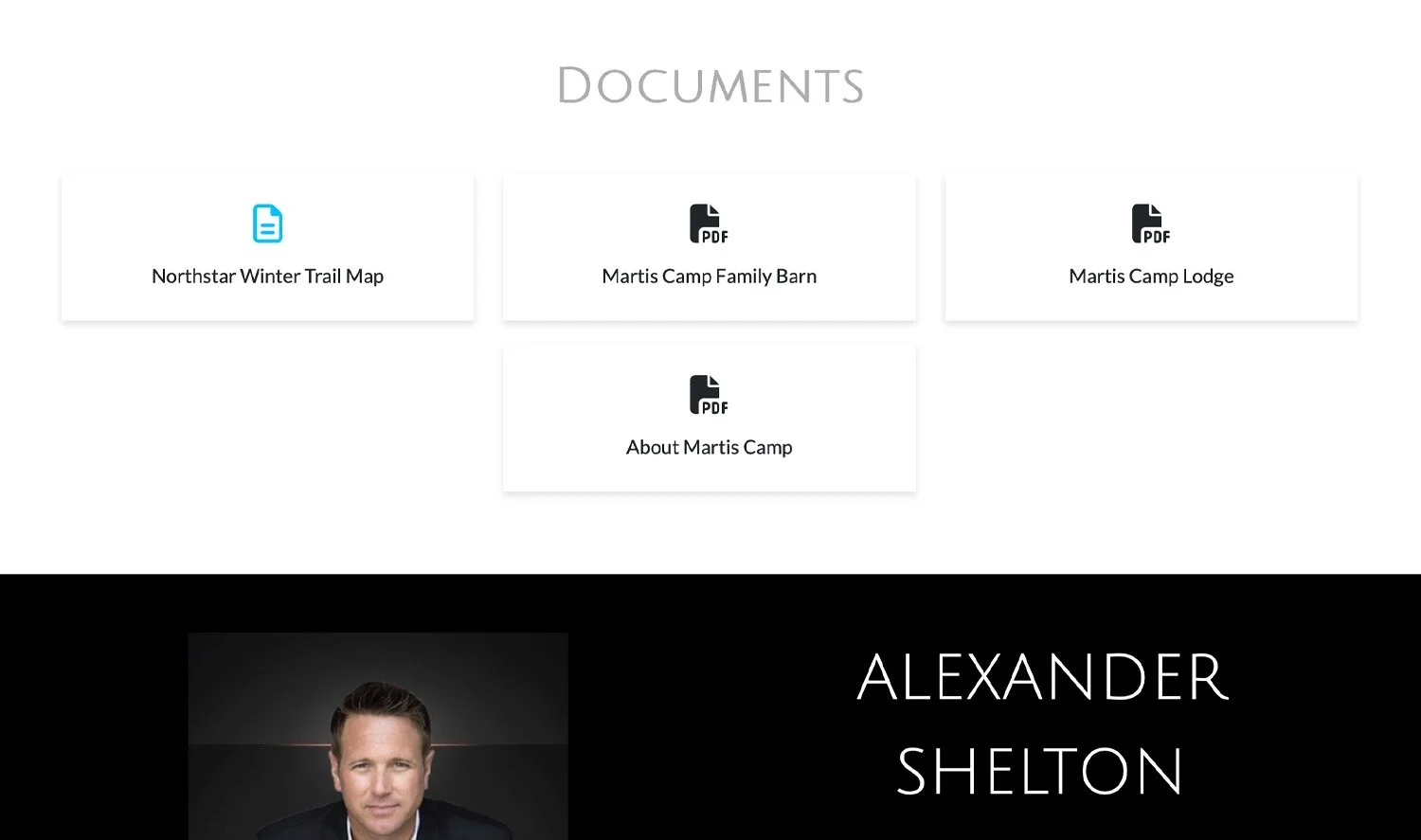Webpage displaying a section titled 'DOCUMENTS' with links to PDFs and a folder, and a profile picture of a man with the name Alexander Shelton.