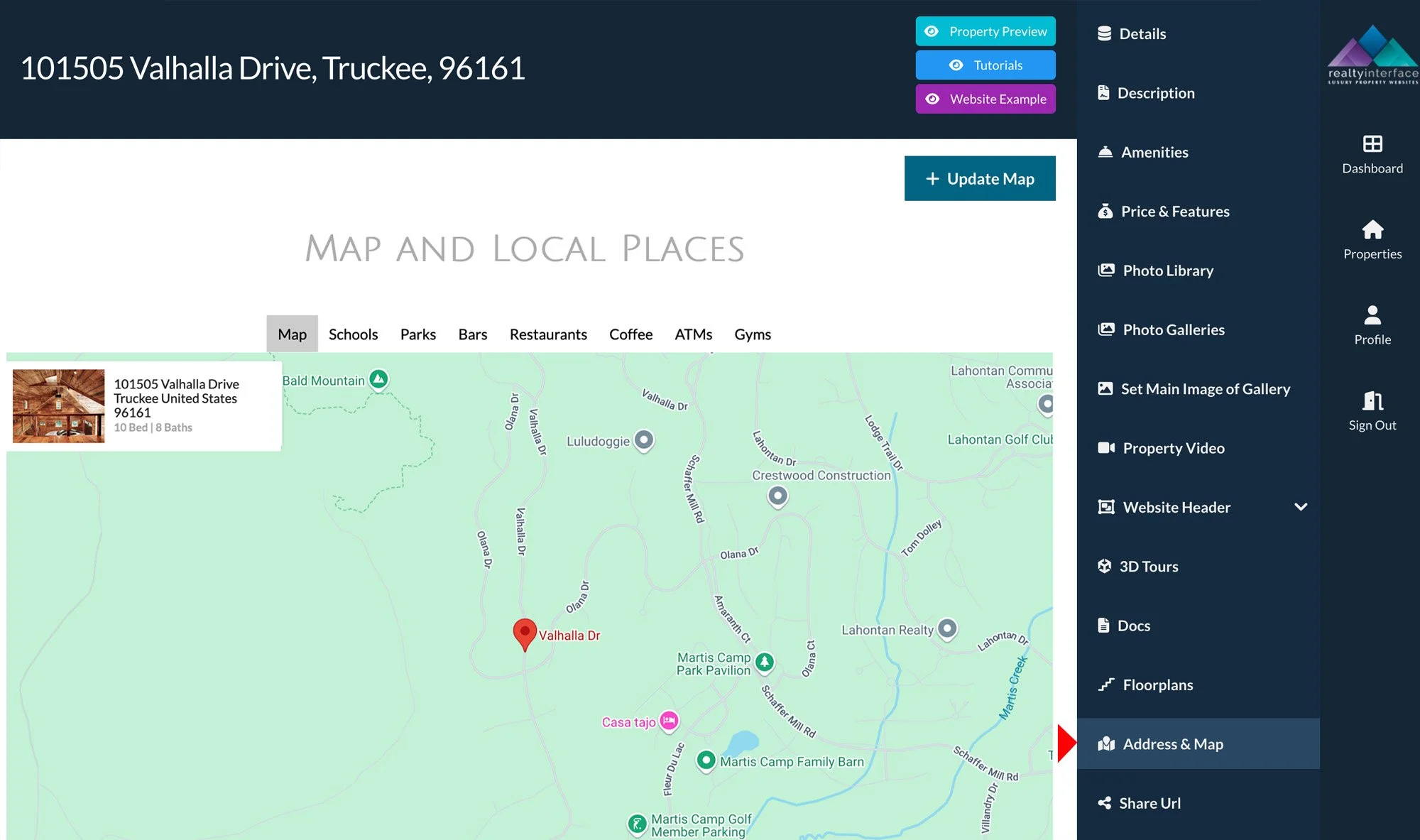 Map showing property details for 101505 Valhalla Drive, Truckee, California, with options for map, schools, parks, bars, restaurants, coffee, ATMs, gyms, and other amenities.