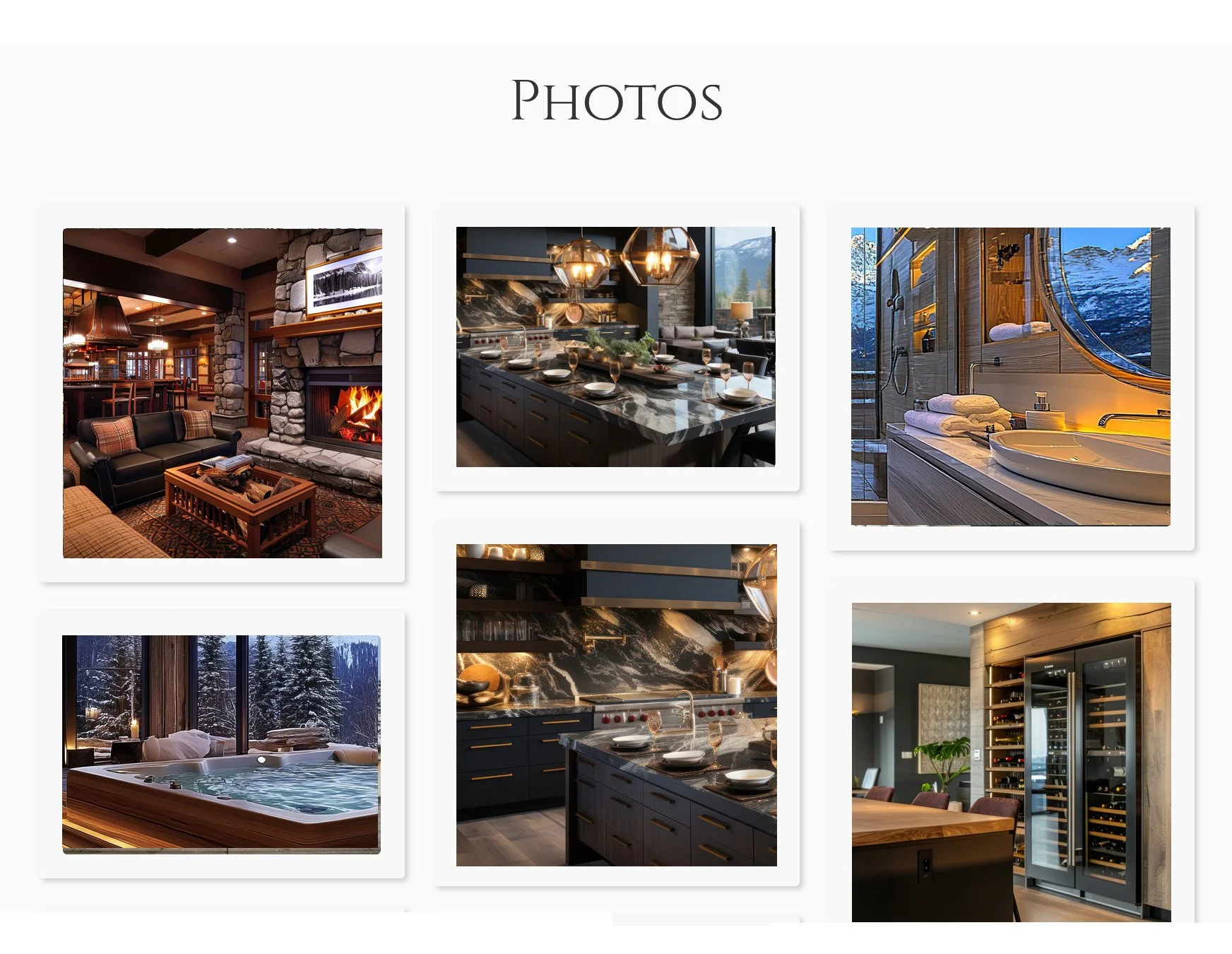 Unorganized collage of six interior photos including a living room, kitchen, bathroom, snowy outdoor hot tub, and dining area, displayed in a mixed grid layout