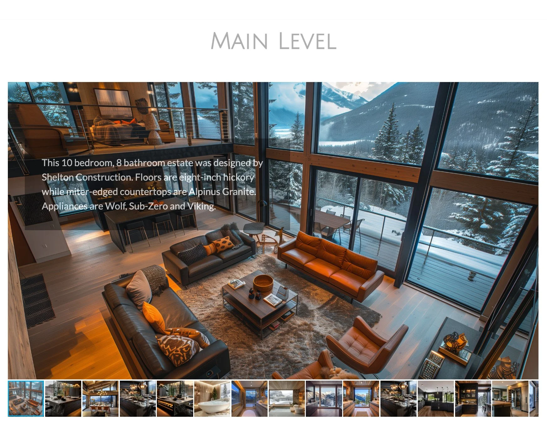 Living room with large floor-to-ceiling windows overlooking a snowy mountain landscape, furnished with black leather sofas, an orange sofa, a wooden coffee table, and wooden accents.