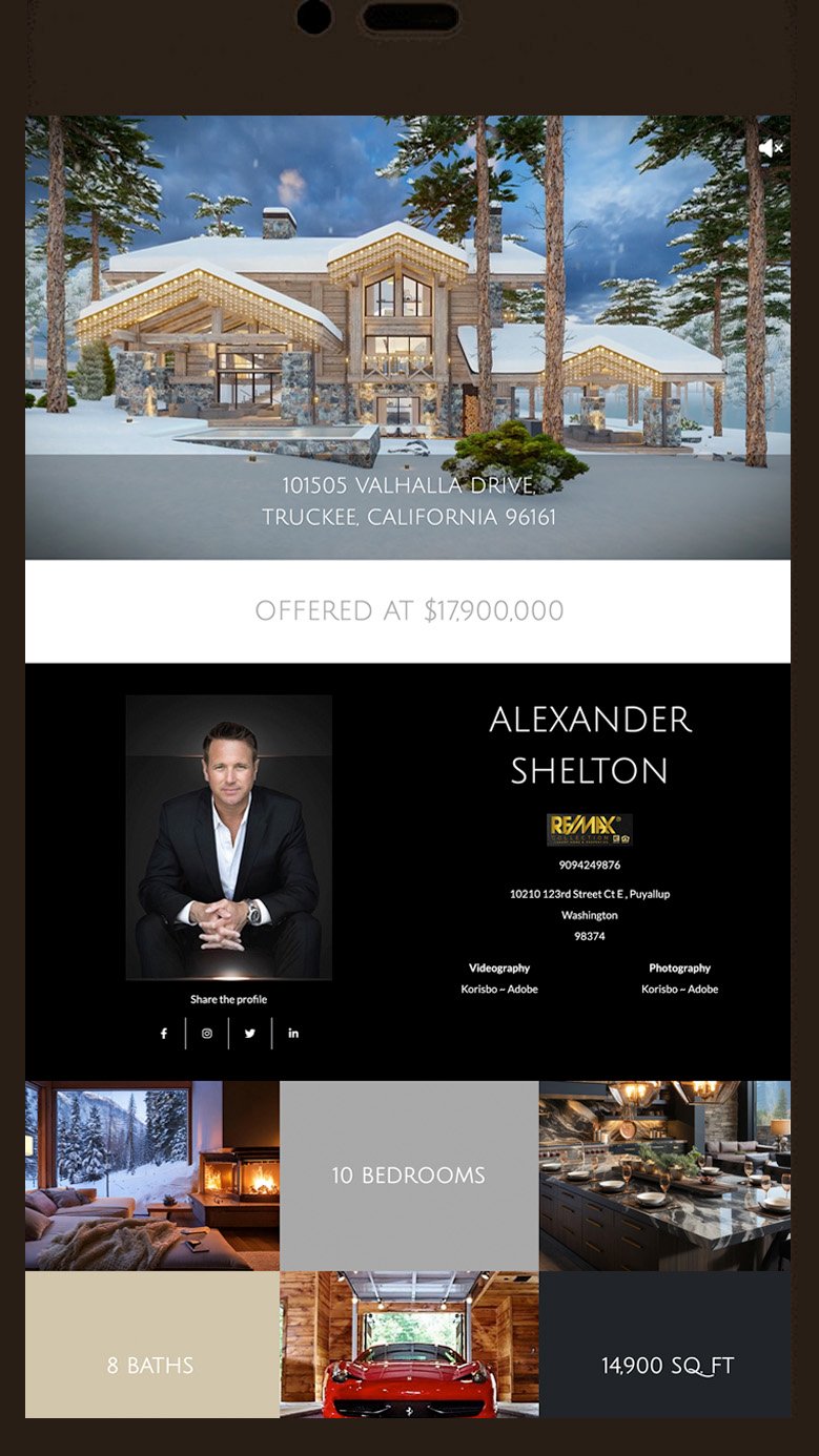 Luxury real estate listing for a snow-covered property at 101505 Valhalla Drive, Truckee, California, priced at $17,900,000. Includes photo of a person, property features like 10 bedrooms, 8 bathrooms, 14,900 square feet, with visuals of a living room, dining setup, and a garage with a car.