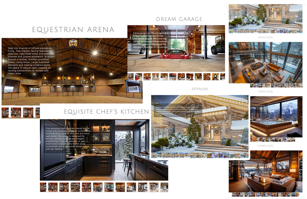 Collage of luxury rustic property including equestrian arena, chef's kitchen, dream garage with sports car, outdoor exterior with snow and string lights, upper-level living space with city view, lower-level bedroom with mountain view, and porch with features of a mountain retreat.
