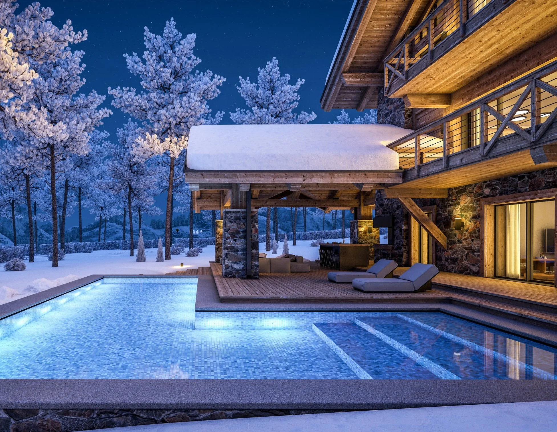Luxury chalet with snow-covered landscape, illuminated pool, and wooden deck at night.