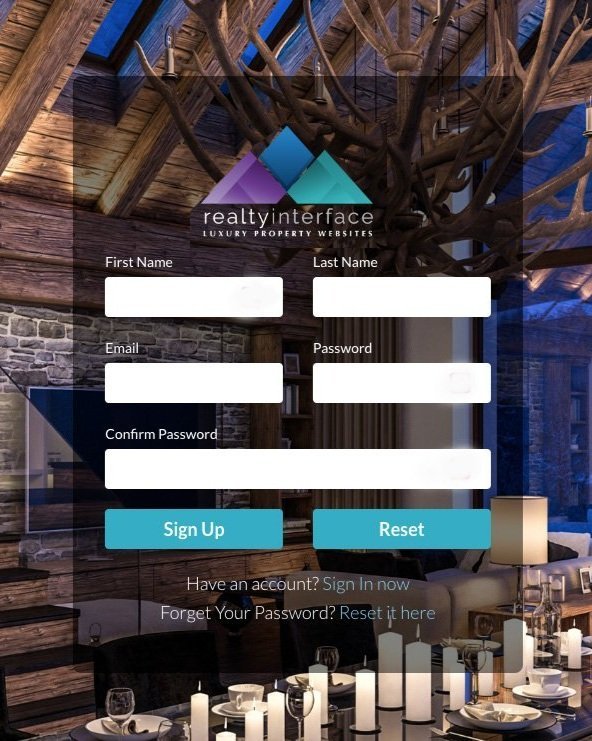 A registration form for realtyinterface, a luxury property website, overlaid on a warmly lit rustic dining room with candles and tableware, with wooden beams and a stone wall in the background.