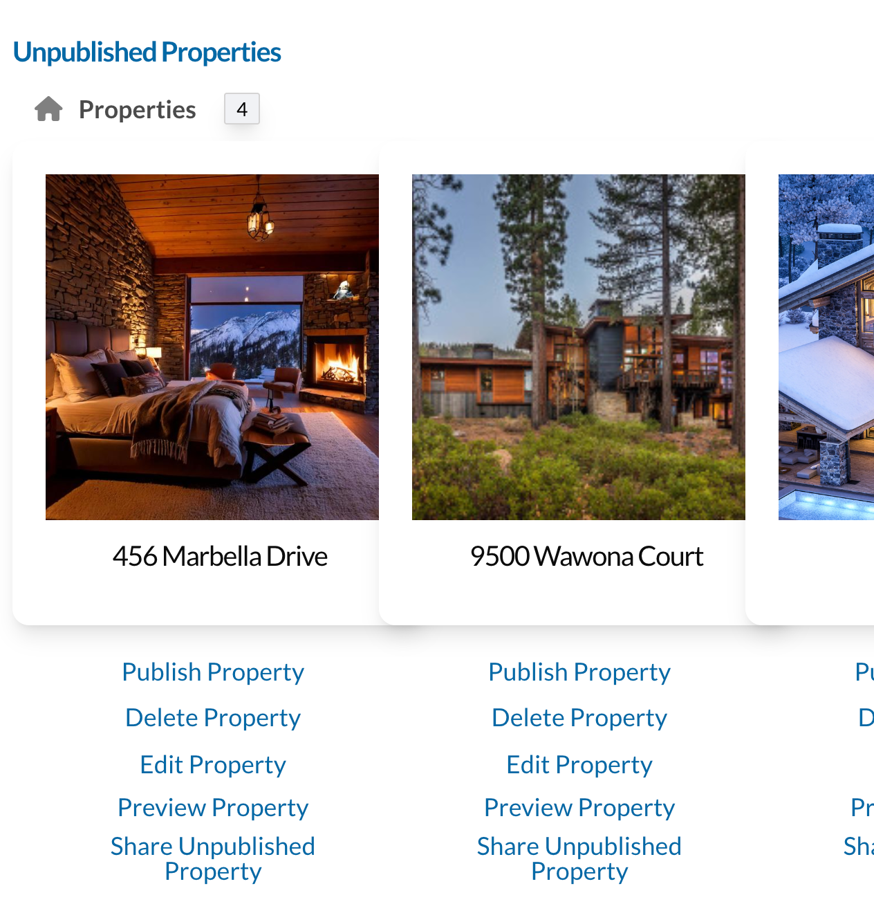 Screenshot of a real estate website displaying three properties with photos and addresses: a bedroom interior with a stone fireplace at 456 Marbella Drive, a modern house surrounded by trees at 9500 Wawona Court, and a snow-covered house at night, also with a pool.