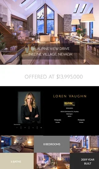 A real estate listing for a house at 615 Alpine View Drive, Incline Village, Nevada, offered at $13,995,000. The top shows a spacious, modern living room with large windows and a view of snow-covered trees. The middle features a real estate agent, Loren Vaughn, with contact details. The bottom displays the house's features: 8 bedrooms, 6 baths, built in 2009.