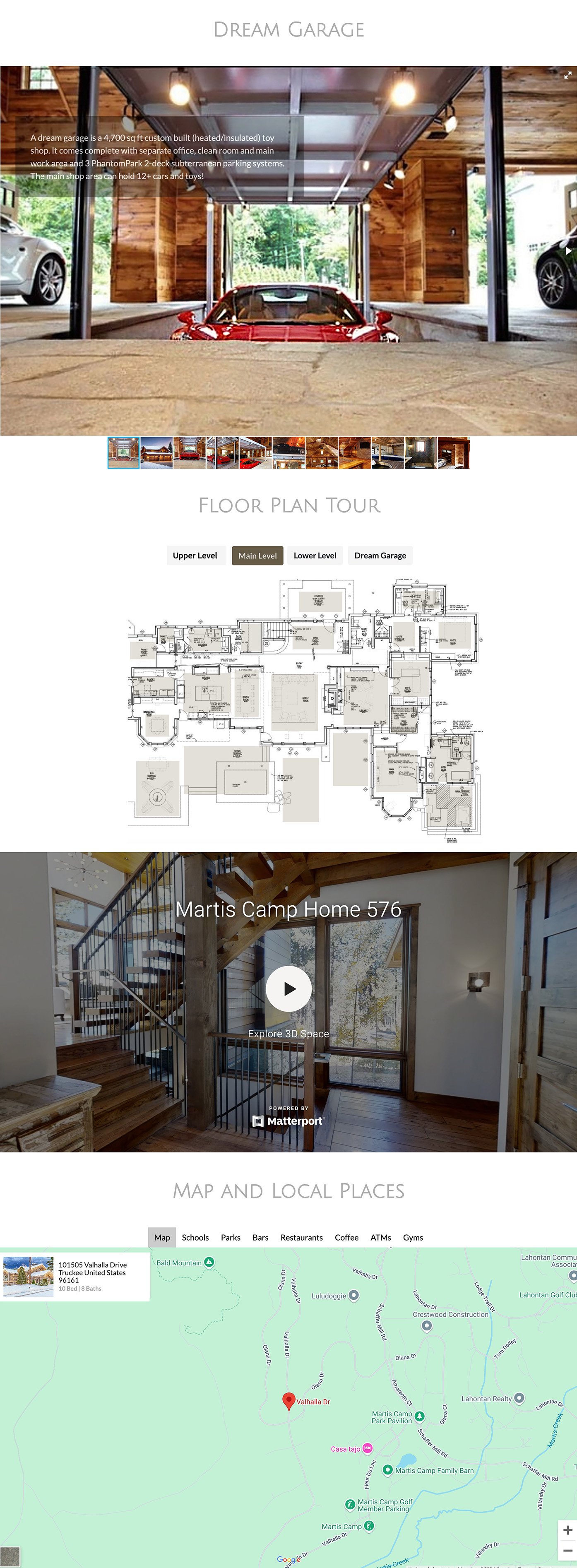 Screenshot of a website showcasing a custom dream garage, floor plan, and local maps. The dream garage is a 4,700 sq ft heated and insulated space with cars and toys. The floor plan view displays the main level of a house. The map shows the location of Valhalla Drive in Truckee, California, near local parks, schools, and amenities.