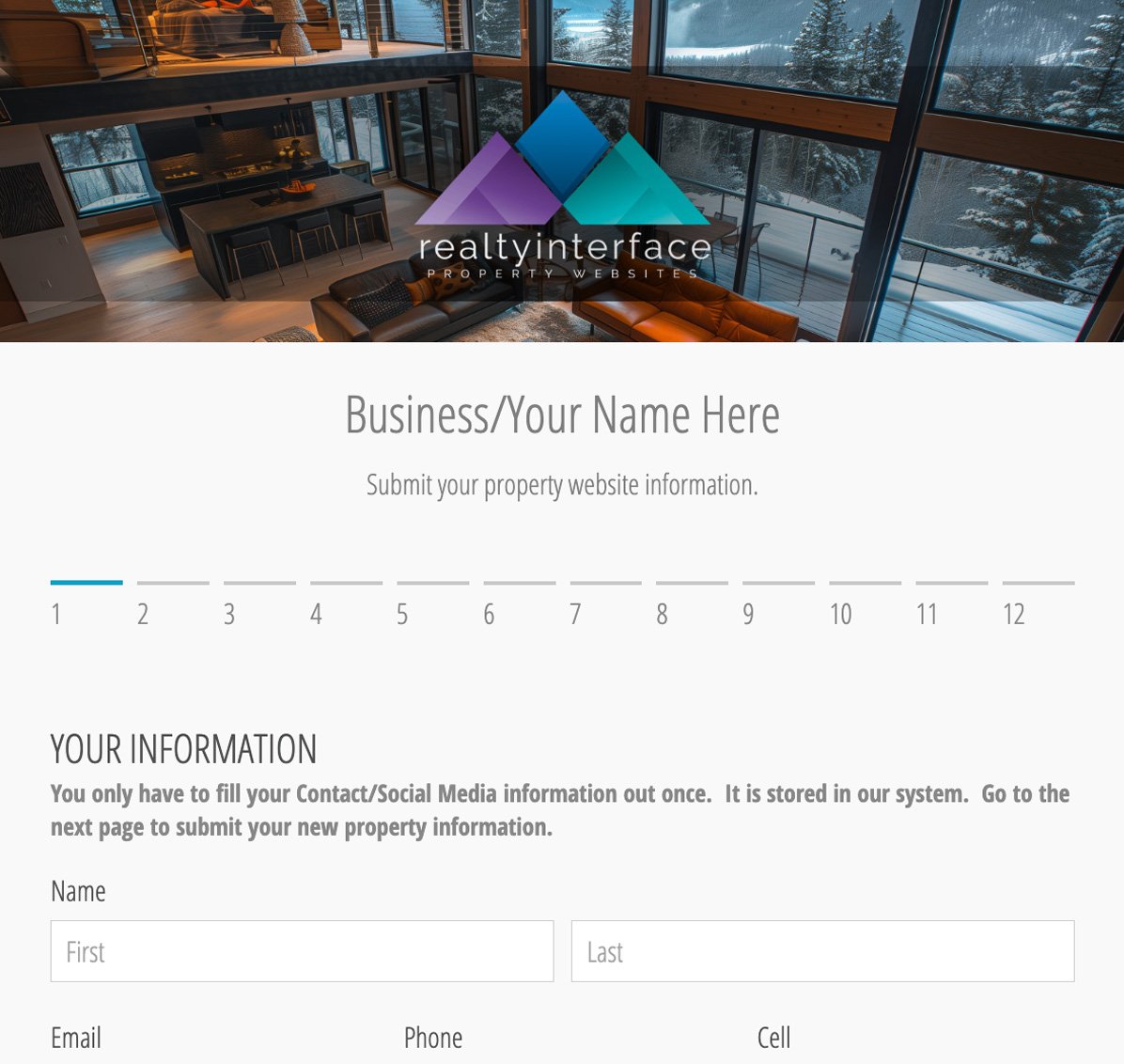 Realty Interface property intake form displayed over a sample living room photo, showing the branded form clients use to collect property photos, details, and media from sellers or agents.