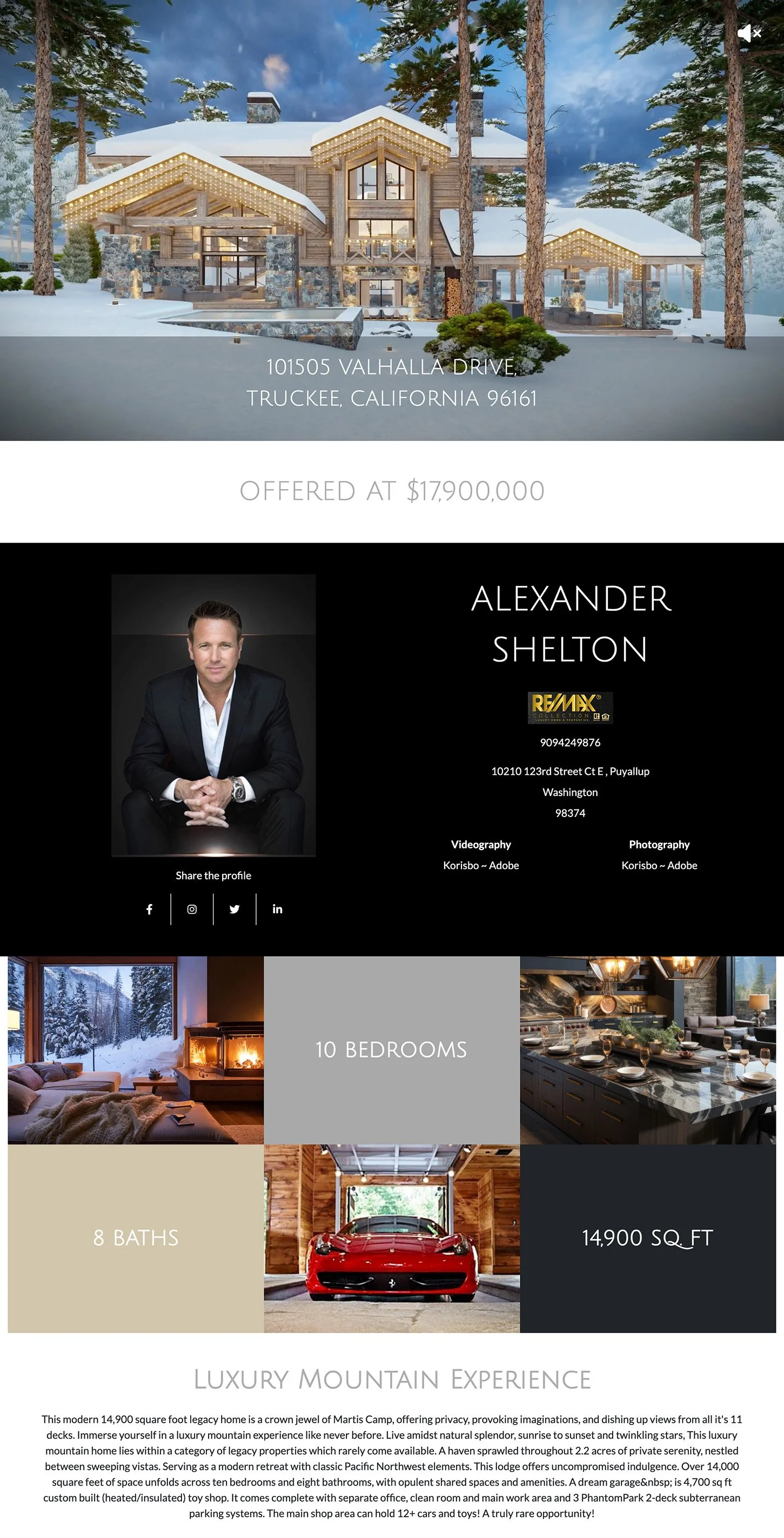 Luxury mountain home with wooden exterior, large windows, surrounded by snow-covered trees, featured in a real estate listing for a property in Truckee, California.