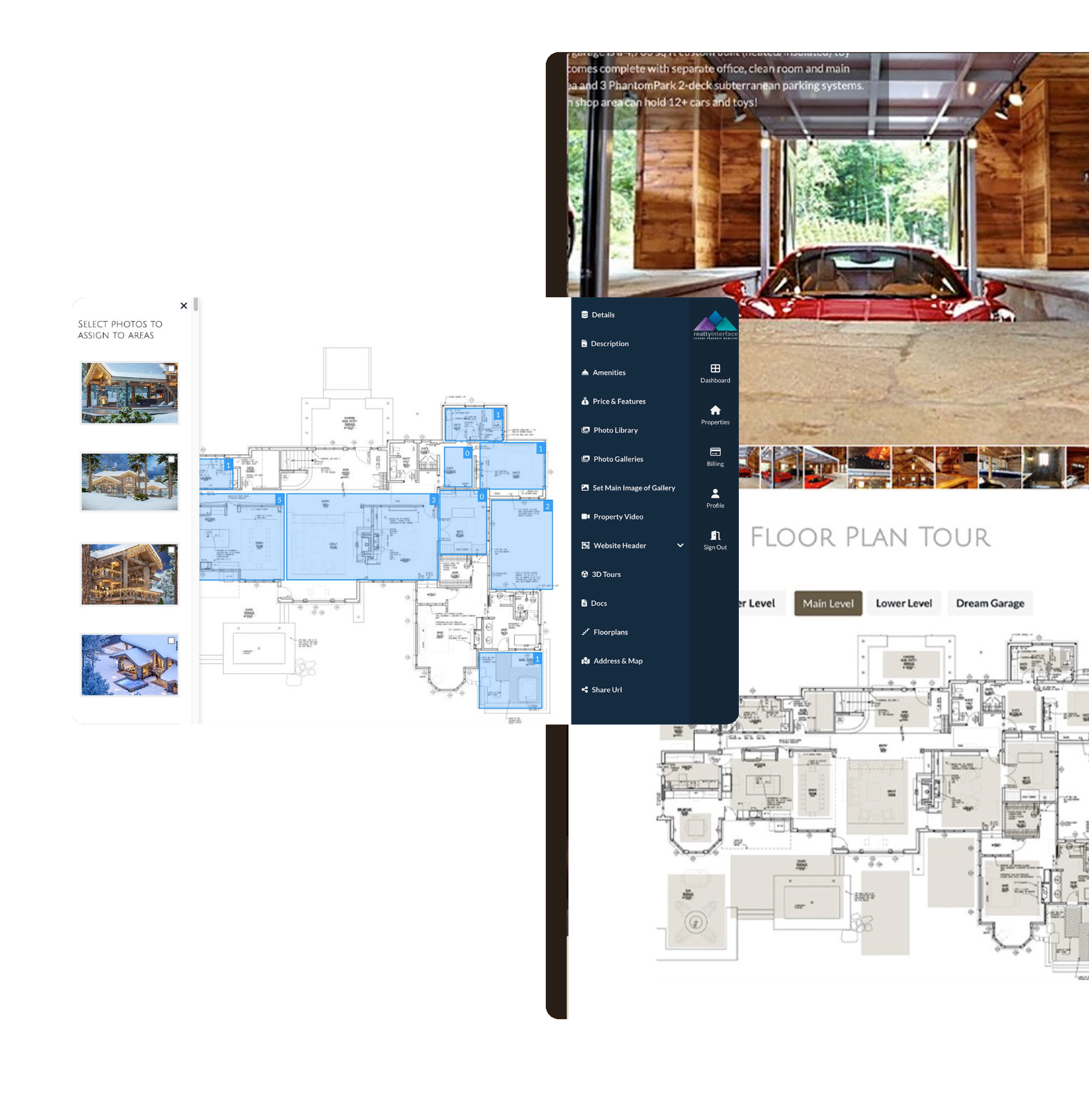 Screenshot collage of house features, including a floor plan, interior and exterior images, a garage, and a website menu interface.