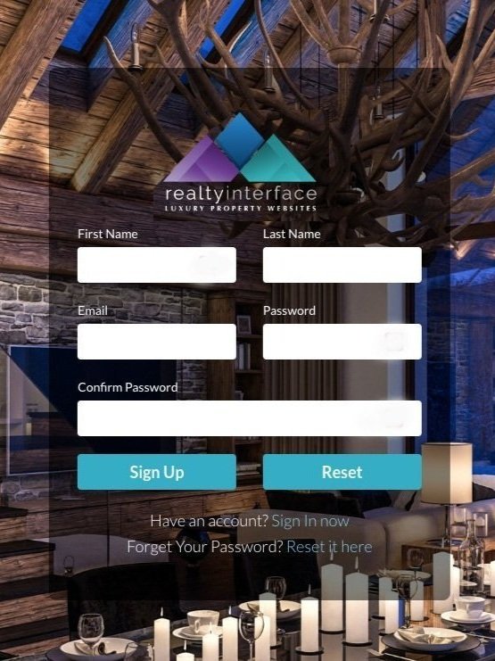 Signup form for luxury property website with a background of a rustic interior featuring wooden beams, candles, dining table, and a large tree branch overhead.