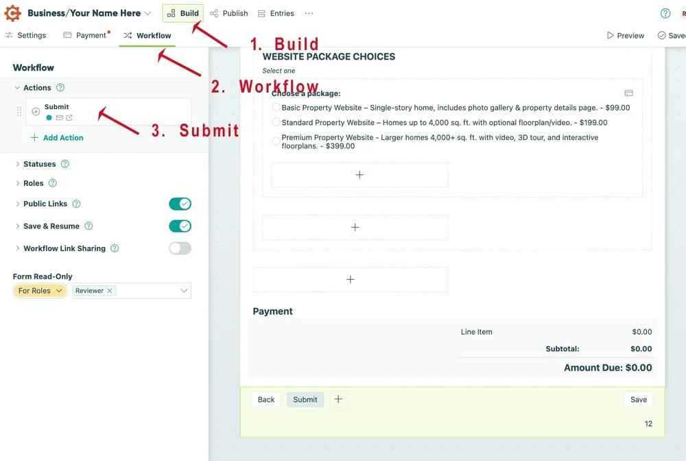 Screenshot of a website builder interface showing build, workflow, and submit steps. The main section displays options for choosing a website package, with a checkout area for payment details and a submit button at the bottom.