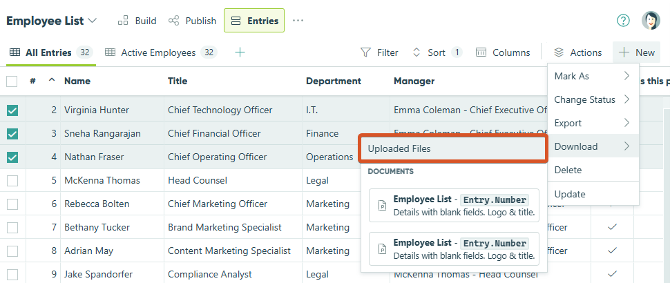 A screenshot of an employee list in a spreadsheet or database application. The menu shows options for uploading files, specifically indicating uploading documents related to employee lists with entry numbers.
