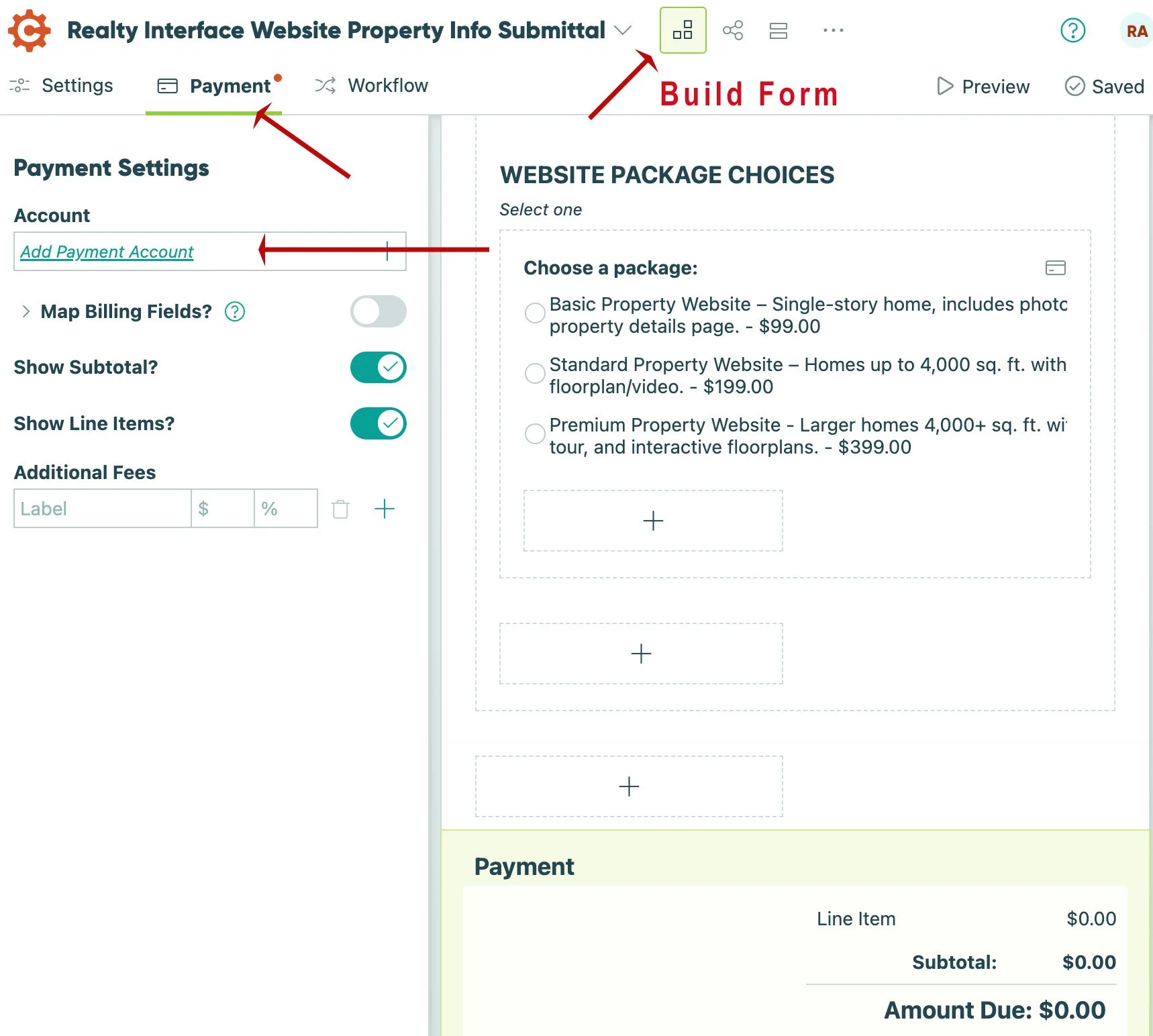 A screenshot of a real estate website property info submission interface. Includes navigation options, payment settings, and a form to select website packages.