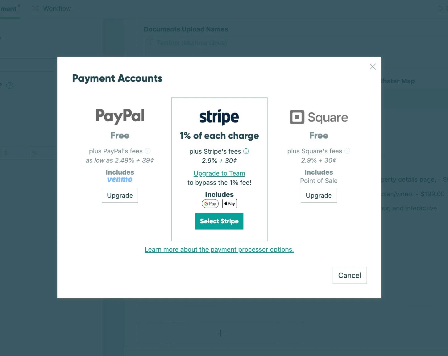 Screenshot of a payment options window showing three payment methods: PayPal, Stripe, and Square, with descriptions of fees and upgrade options.