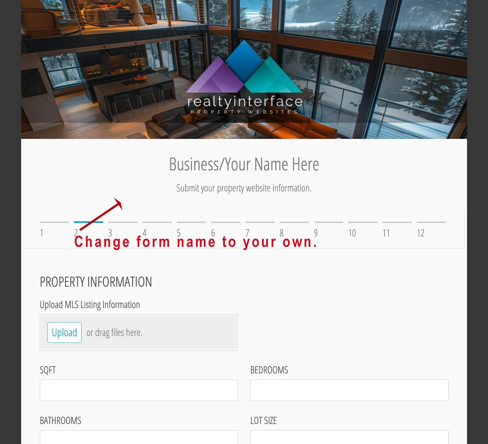 Screenshot of a property listing form with a background image of a modern condo interior overlooking a snow-covered landscape. The form includes fields for business name, property information, and rental details, with a note to change the form name to your own.