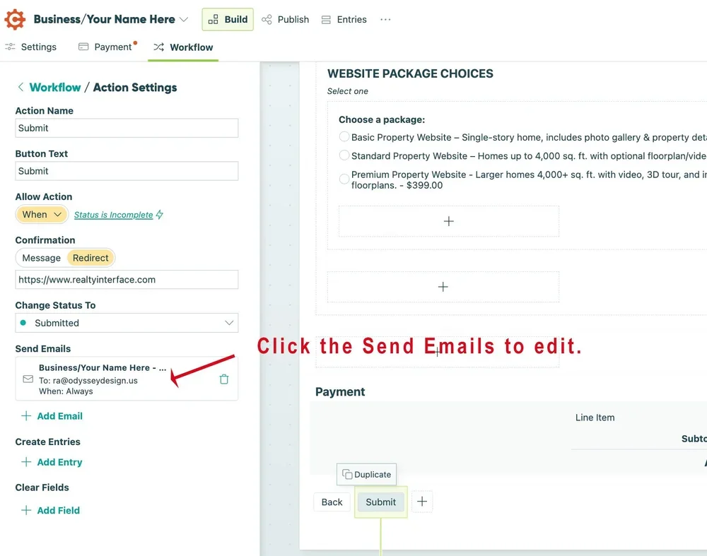 Screenshot of a web form for website package choices, with options for basic, standard, and premium packages. The form includes action settings, email notifications, and a submit button with a red arrow pointing to the 'Send Emails' section; instructional text reads 'Click the Send Emails to edit.'