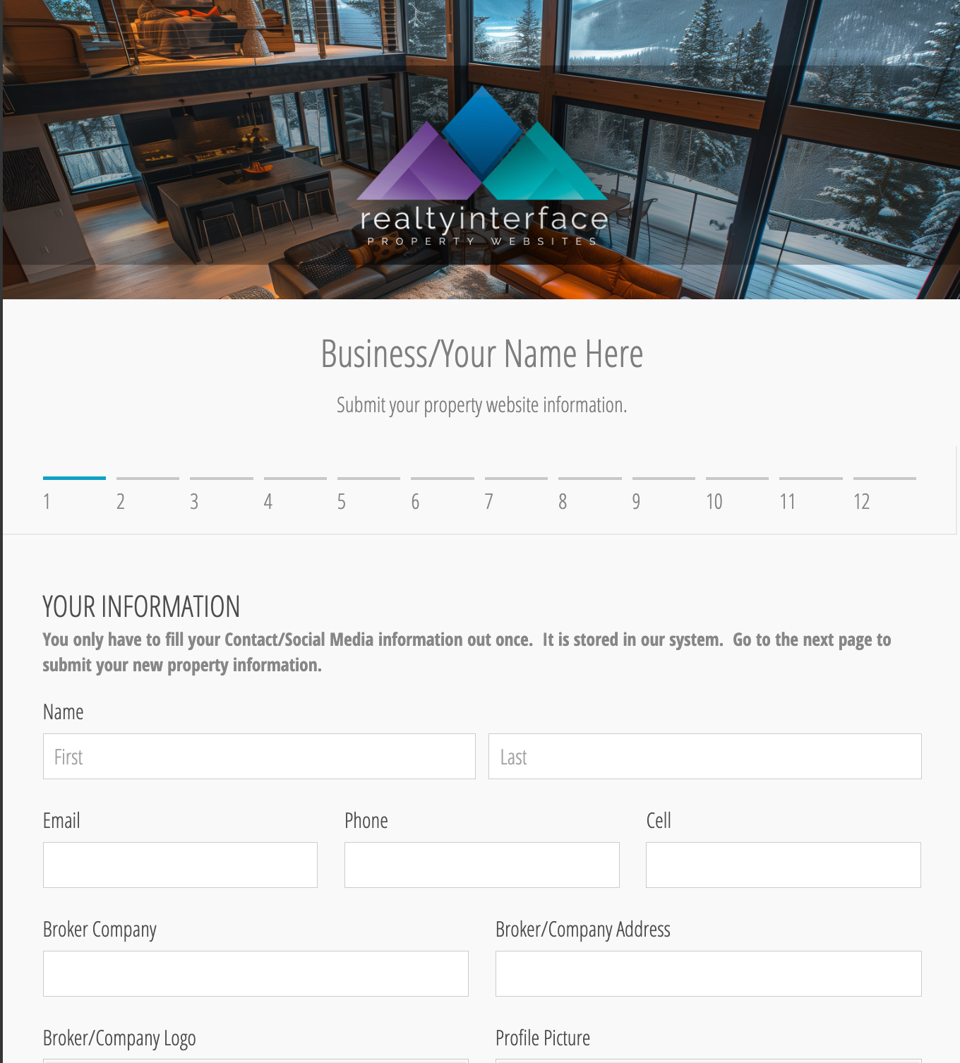 Realty Interface property intake form displayed over a sample living room photo, showing the branded form clients use to collect property photos, details, and media from sellers or agents.