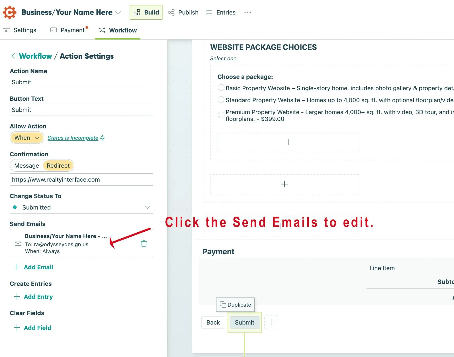 Screenshot of a website interface for editing workflow action settings, showing email details, website package options, and a submit button with red text overlay saying 'Click the Send Emails to edit'.