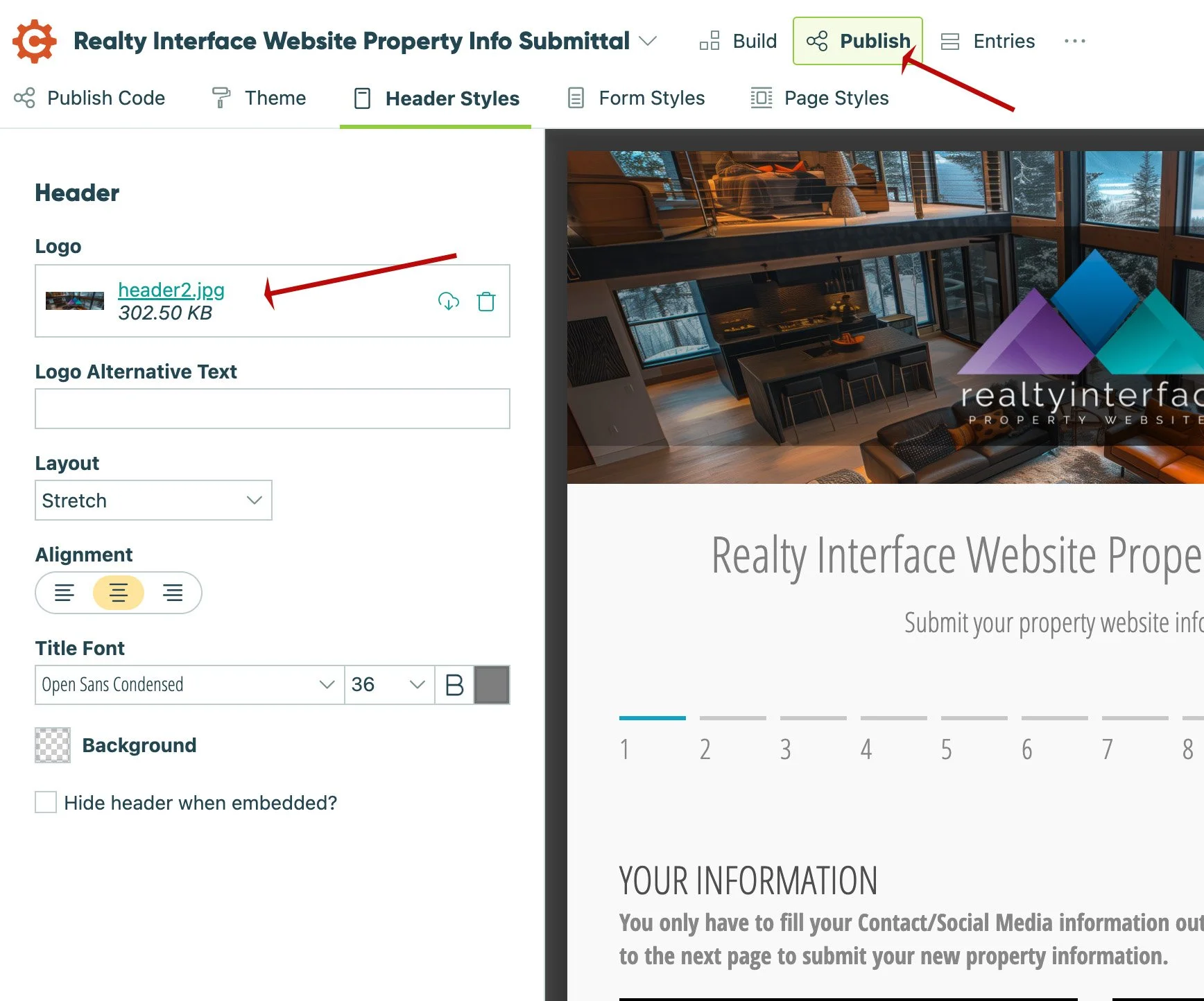 Screenshot of a website editing interface titled 'Realty Interface Website Property Info Submittal.' The screen shows options to publish the website, with a highlighted 'Publish' button in the top right. There's a section labeled 'Header' with a thumbnail of an image named 'header2.jpg' and its file size of 302.50 KB. The right side of the screen displays a preview of the website, featuring a modern interior of a house with large windows, a dining area, and a living room, with a logo consisting of three overlapping triangles in purple, blue, and teal next to the text 'realtyinterfac' and 'PROPERTY WEBSITE.' Below is a title 'Realty Interface Website Property' with some sample text about submitting property information, and a progress bar with eight segments.