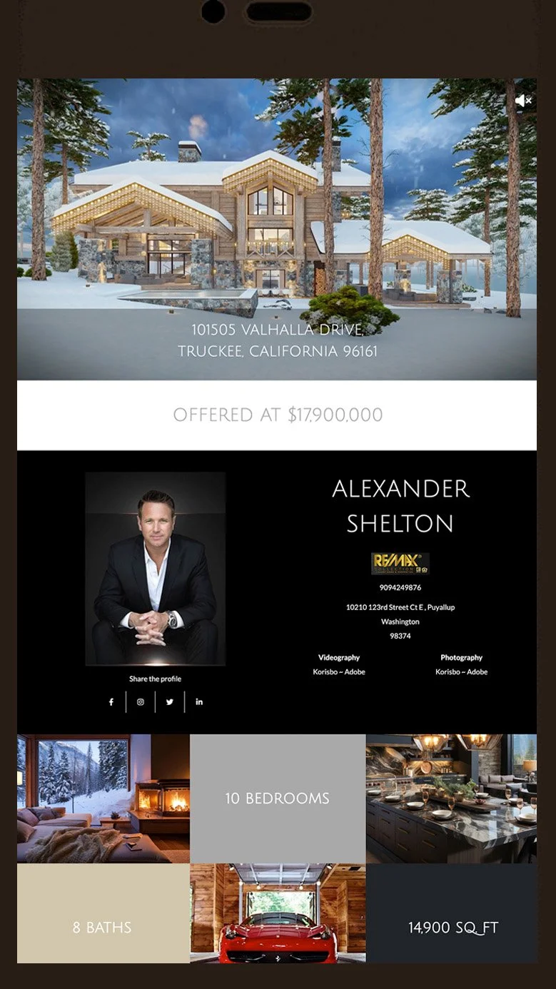 Luxury real estate listing for a snow-covered property at 101505 Valhalla Drive, Truckee, California, priced at $17,900,000. Includes photo of a person, property features like 10 bedrooms, 8 bathrooms, 14,900 square feet, with visuals of a living room, dining setup, and a garage with a car.