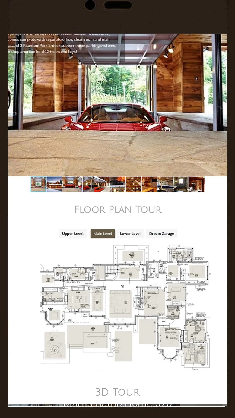 A luxury car in a wooden garage, with a schematic floor plan below, labeled "Floor Plan Tour" featuring tabs for different levels including Upper, Main, Lower, and Dream Garage, followed by a blueprint of a building layout.