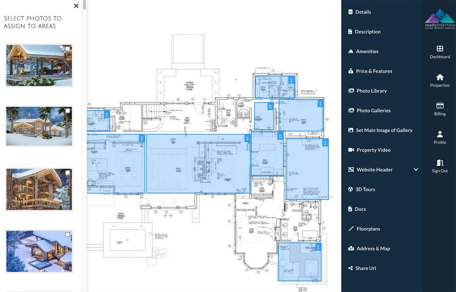 Digital interactive floor plan on a website showing blueprint details and images of exteriors and interioor of home.