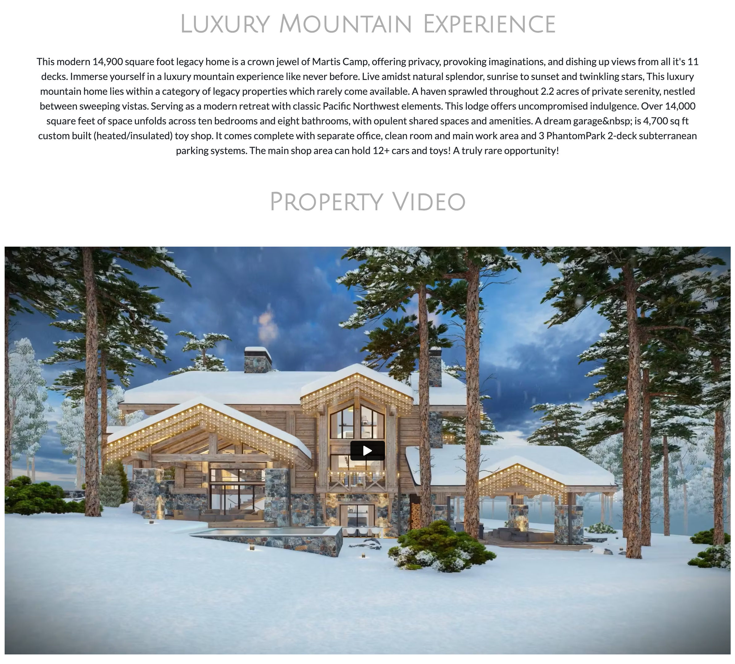 Luxury mountain home surrounded by snow and trees, featuring a large cabin-style architecture with lit rooflines and expansive windows.