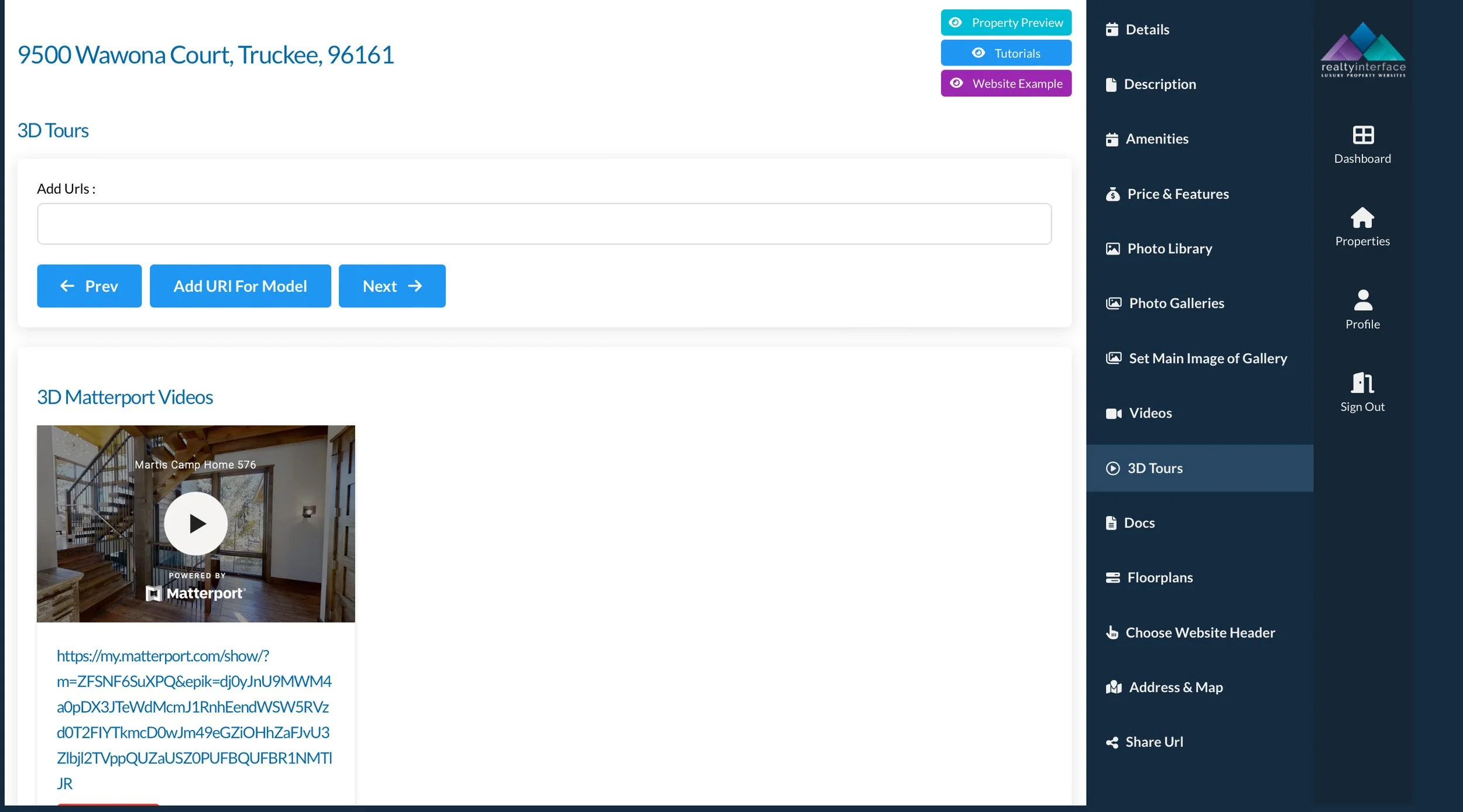 Screenshot of a realty interface webpage for 9500 Wawona Court, Truckee, 96161, showing options for adding and viewing 3D Matterport tours, with navigation and action buttons on the side and top.