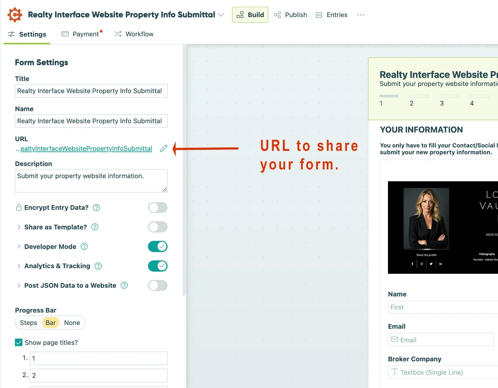 Screenshot of a webpage design interface for a real estate website form. It shows form settings including title, URL, description, toggle options, progress bar choices, and shared URL link with a red arrow pointing to it. The interface has tabs for build, publish, and entries, with sections for settings, payment, and workflow.