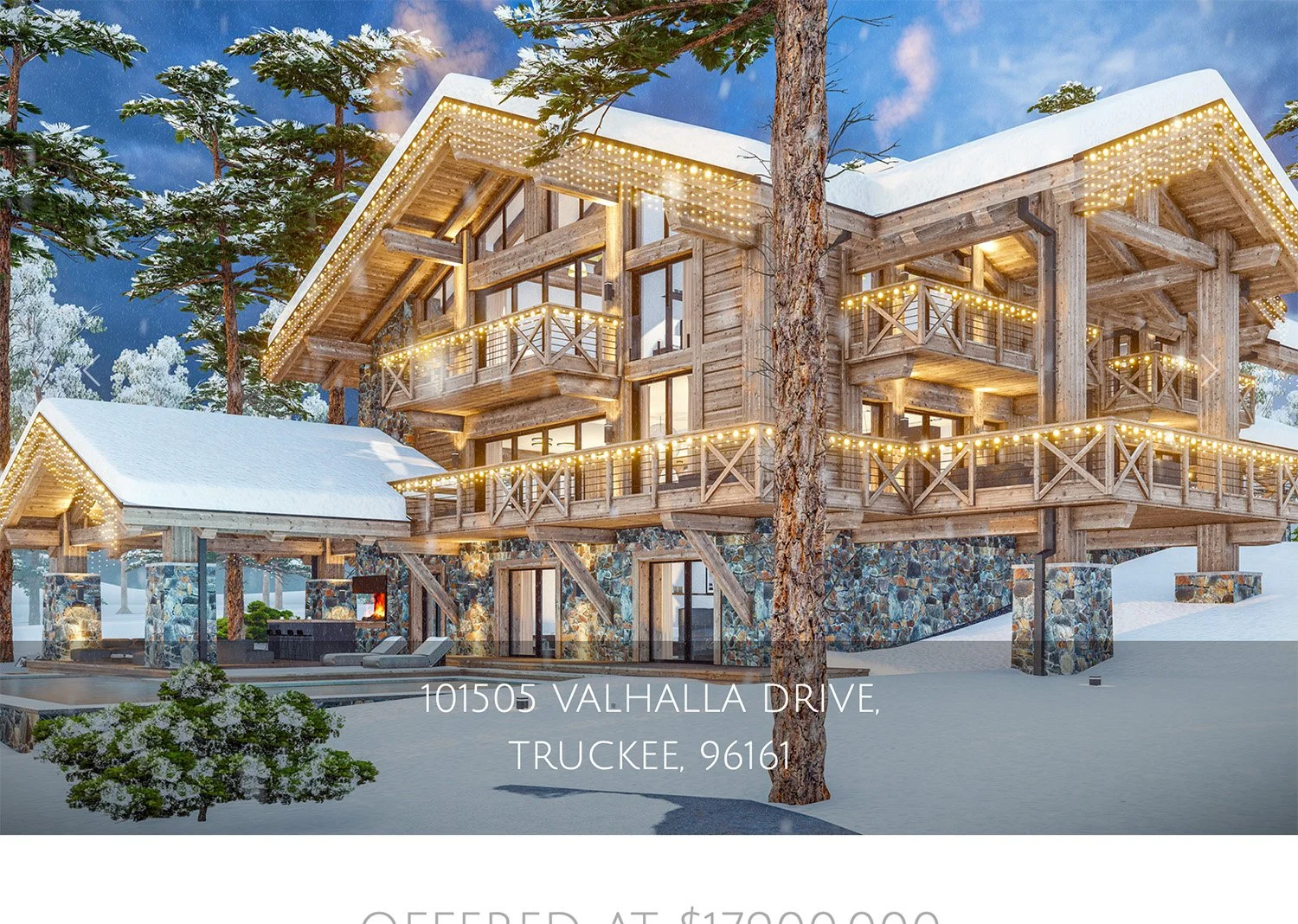 Luxury cabin with wooden exterior, snow-covered roof, surrounded by trees and lights, located at 101505 Valhalla Drive, Truckee.