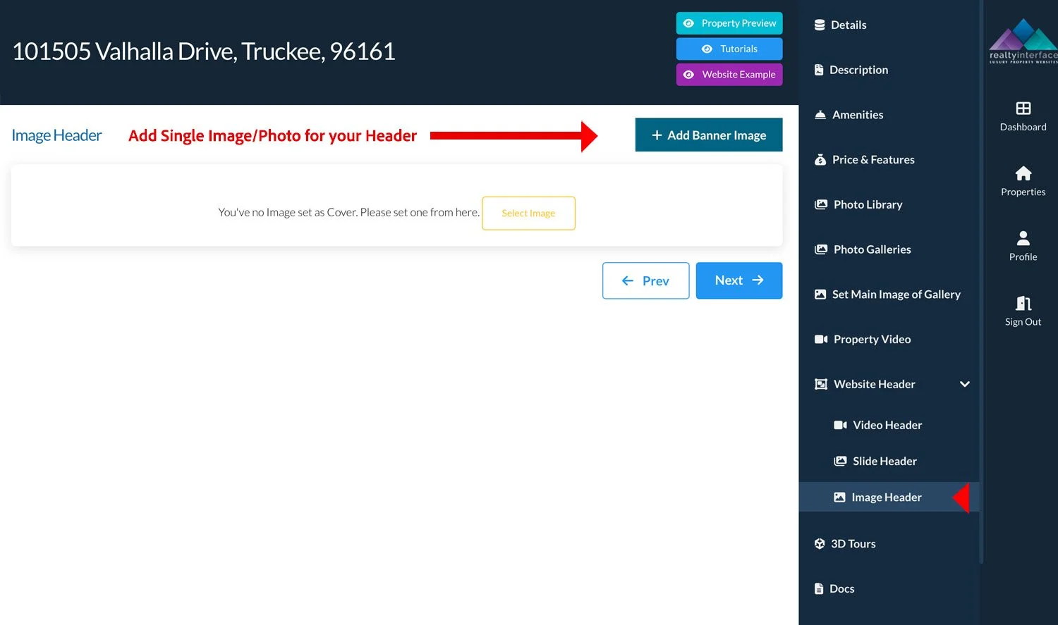 Screenshot of a real estate website interface, showing a section to add a header image for a property listing at 101505 Valhalla Drive, Truckee, 96161. The page includes options to "Select Image" and "Add Banner Image." Navigation menu on the right lists options like Details, Amenities, and Photo Library.