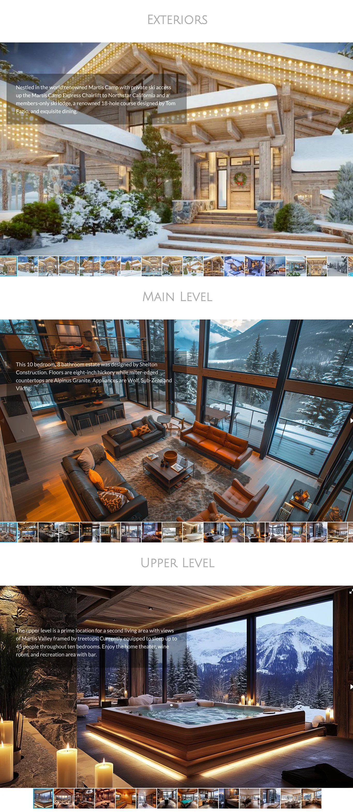 Luxury mountain lodge exterior and interior, including main living area with a scenic view, and an upper level with a hot tub, candles, and mountain views.