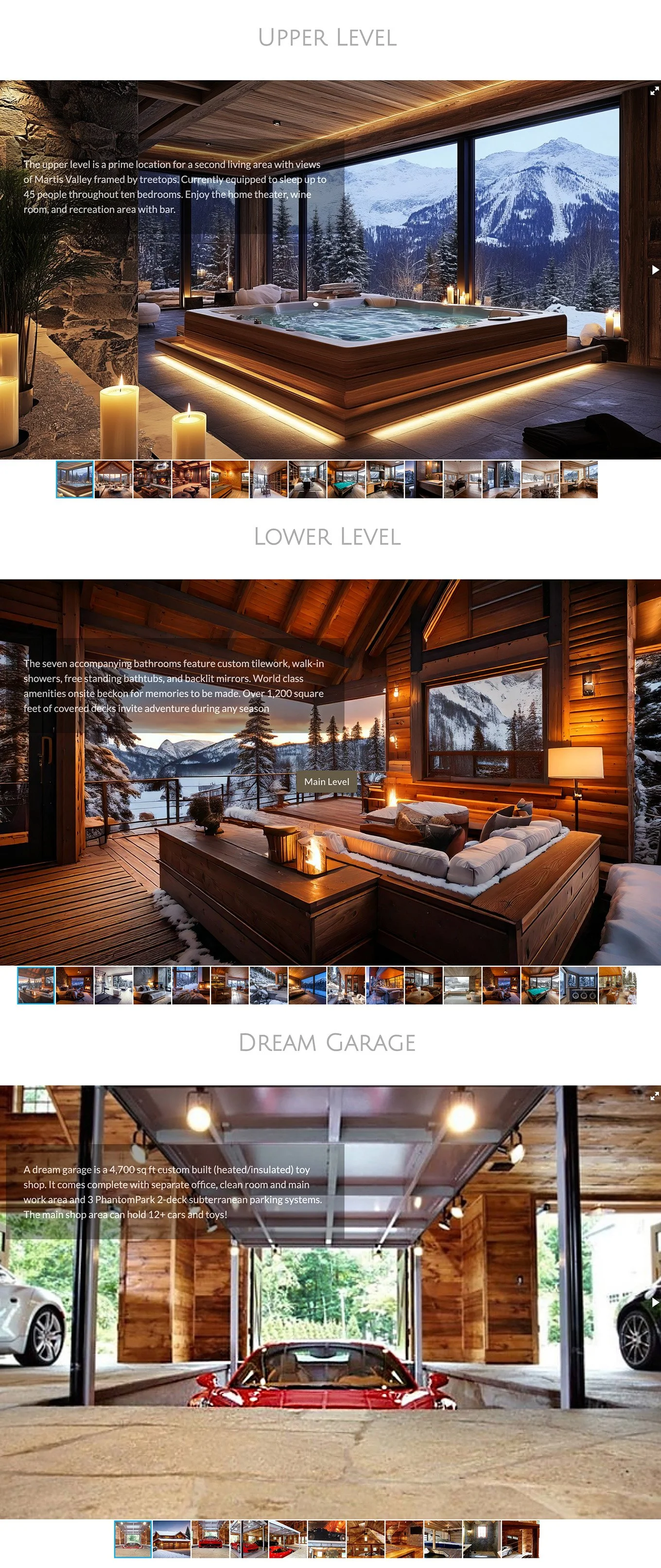 Luxurious mountain retreat interiors, featuring a spa, cozy seating, and a garage with exotic cars.