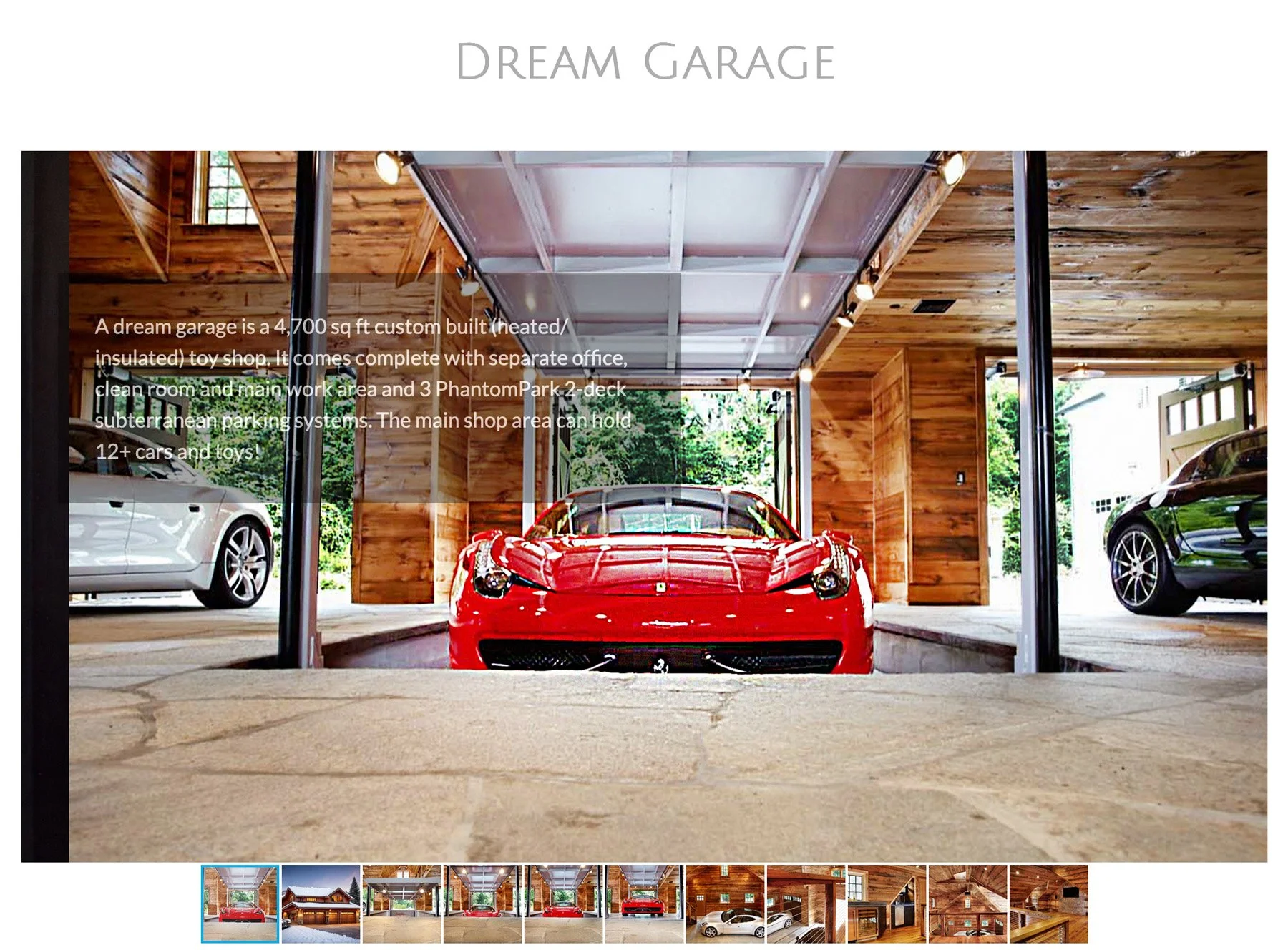 Interior of a luxury garage with a red sports car emerging from a subterranean parking system, surrounded by wooden walls and ceilings. Description text provides details about the garage's features.
