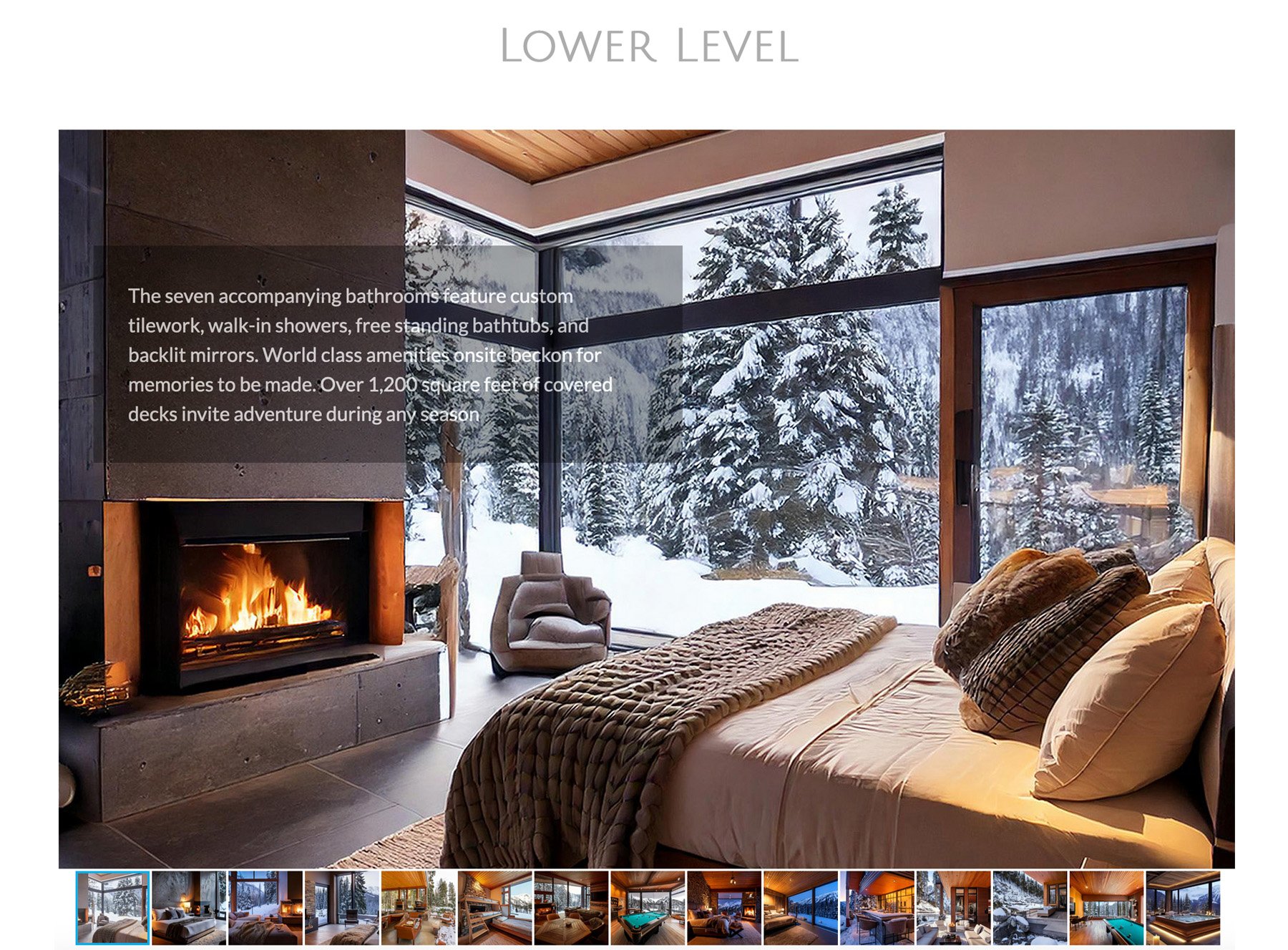 Cozy bedroom with a fireplace and large windows overlooking a snowy forest.