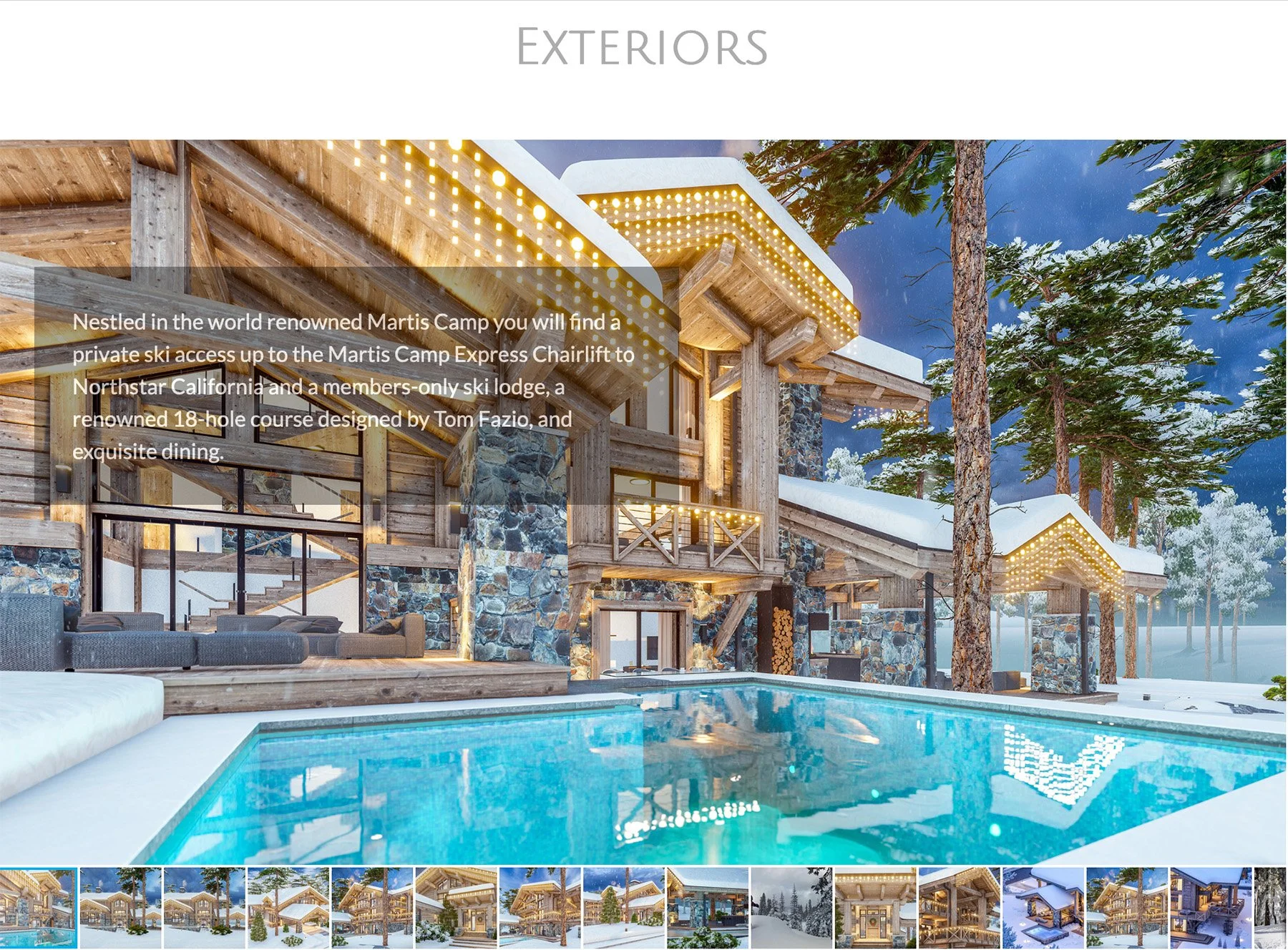 Luxurious wooden and stone ski lodge at Martis Camp with snow-covered roofs, pine trees, and a turquoise outdoor pool. Text describes features like private ski access, an 18-hole golf course, and dining options.