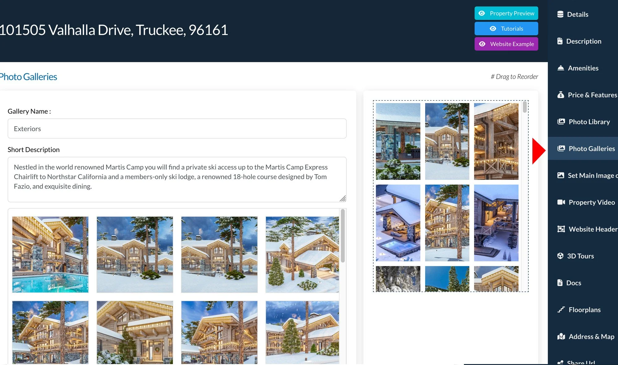 Real estate listing for 101505 Valhalla Drive, Truckee, featuring exterior photos of a ski lodge in Martis Camp, Northstar California.