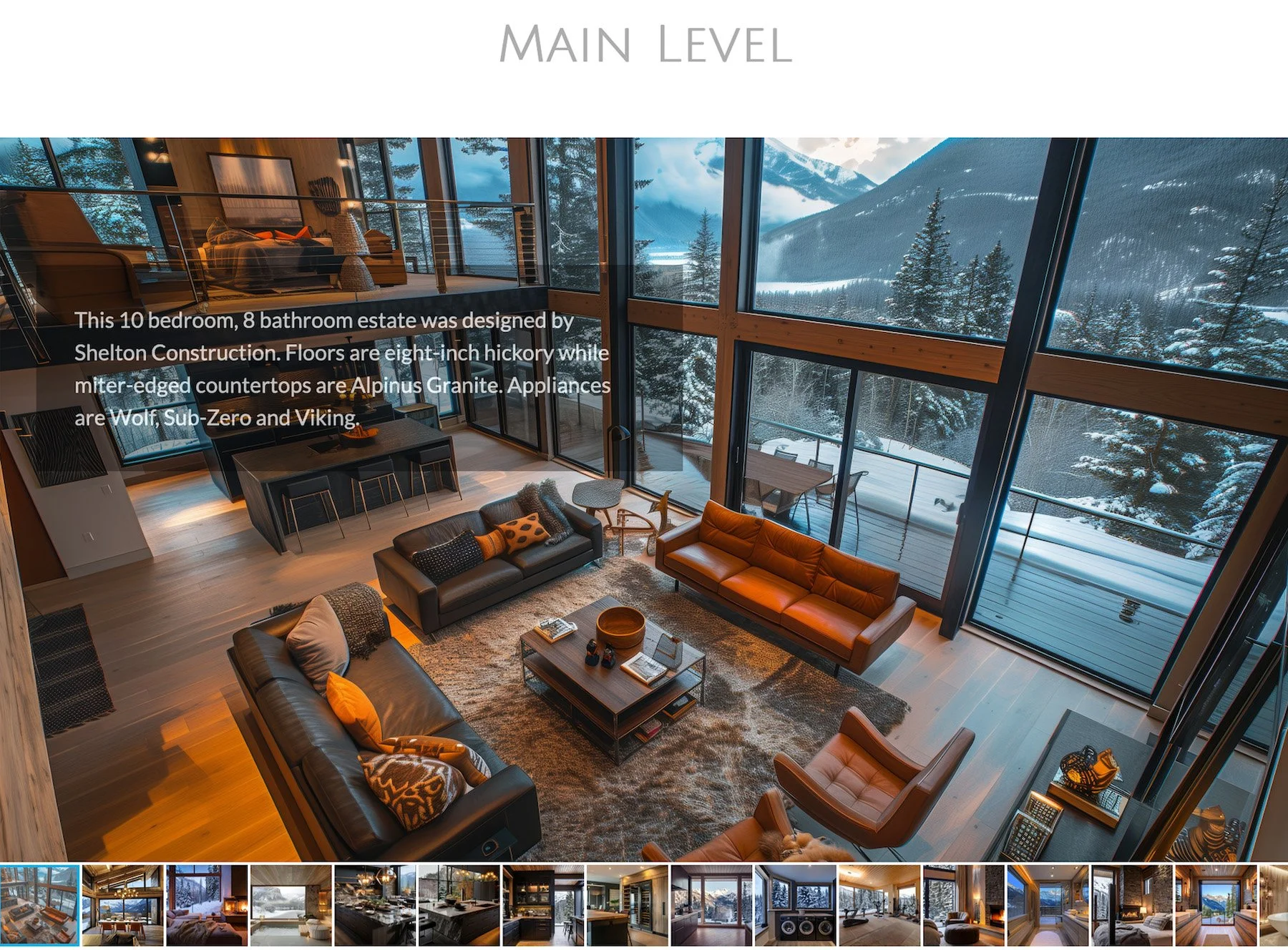 Luxury living room with large windows and mountain views, featuring modern furniture, an open kitchen, and a cozy rug.