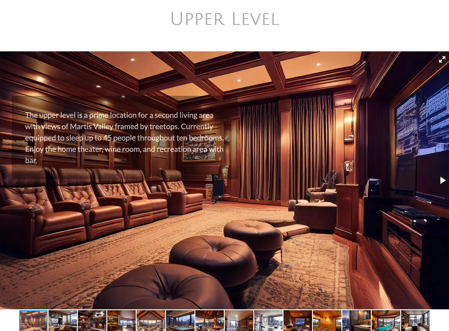 Luxurious home theater with leather recliners, an ornate ceiling, and elegant lighting. Thick curtains cover windows, and a large screen is visible on the right. A cozy ambiance with warm wood paneling.