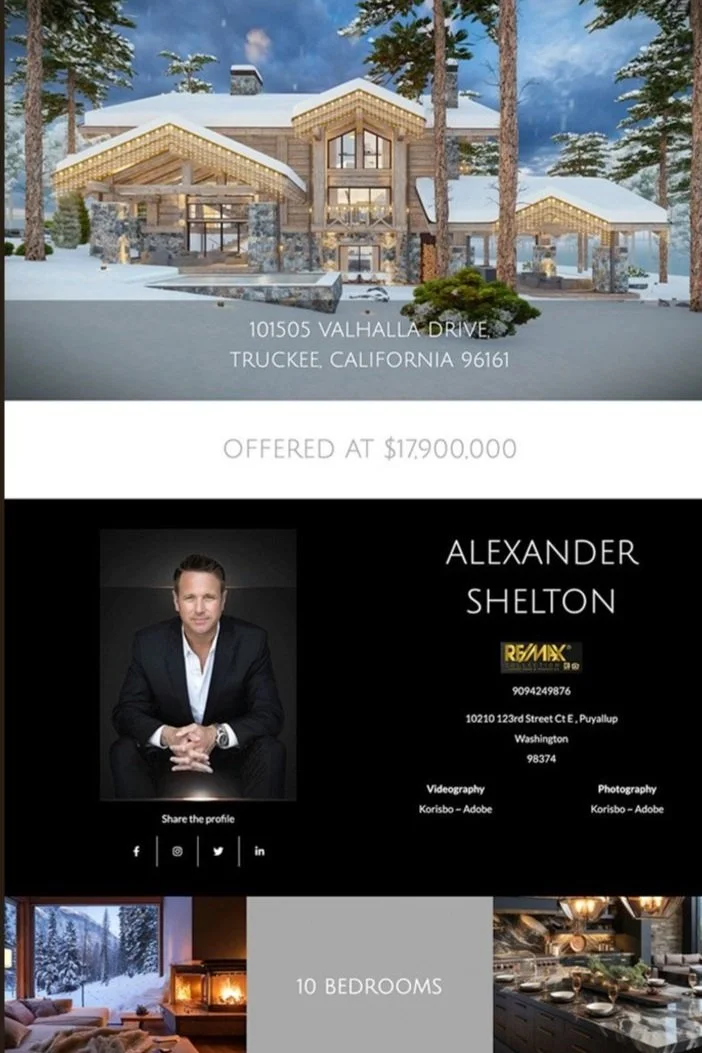 Realty Interface property website preview for a luxury home in Truckee, CA, showcasing a snowy mountain exterior, spacious wood-beam architecture, interior fireplace view, and modern kitchen — presented in a branded gallery layout.”