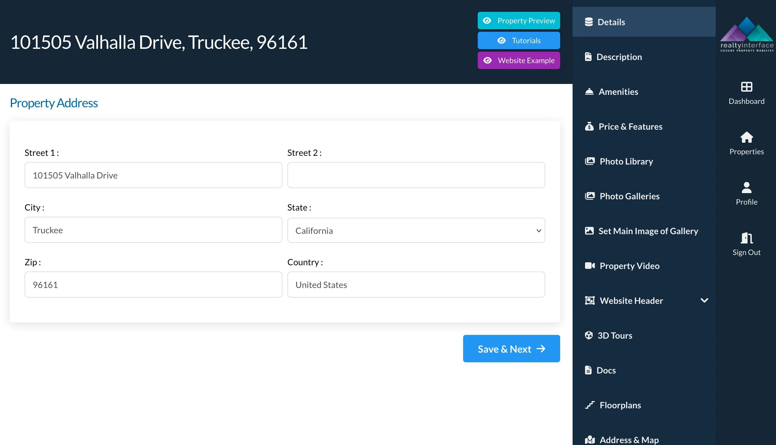 Screenshot of a real estate property management interface displaying a form to input property address details, including fields for street address, city, state, zip code, and country. The navigation menu on the right includes options like Property Preview, Photo Library, and Property Video.